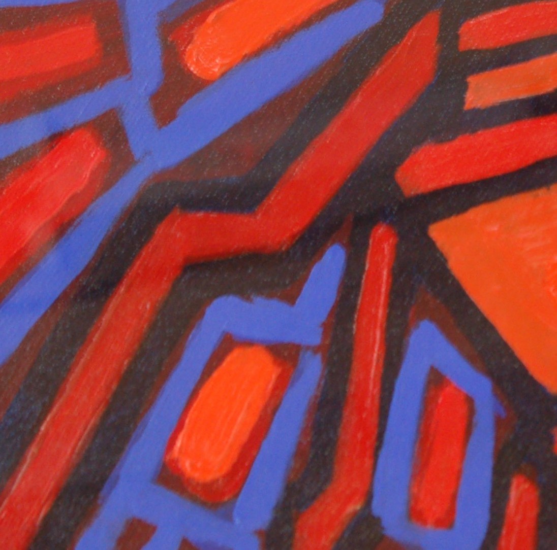 An abstract painting in red, blue and black that hangs in our offices